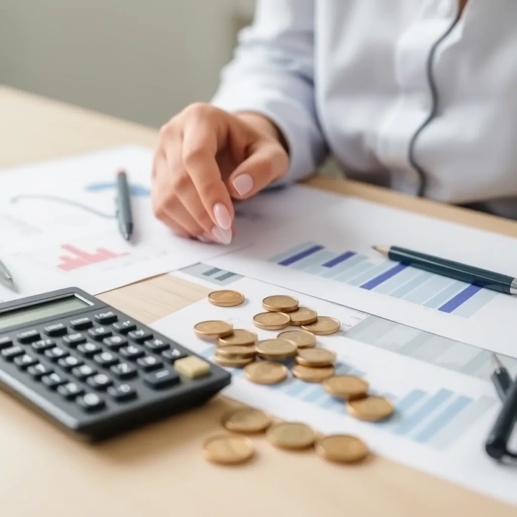 Persoon die financiën plant met een calculator en grafieken
