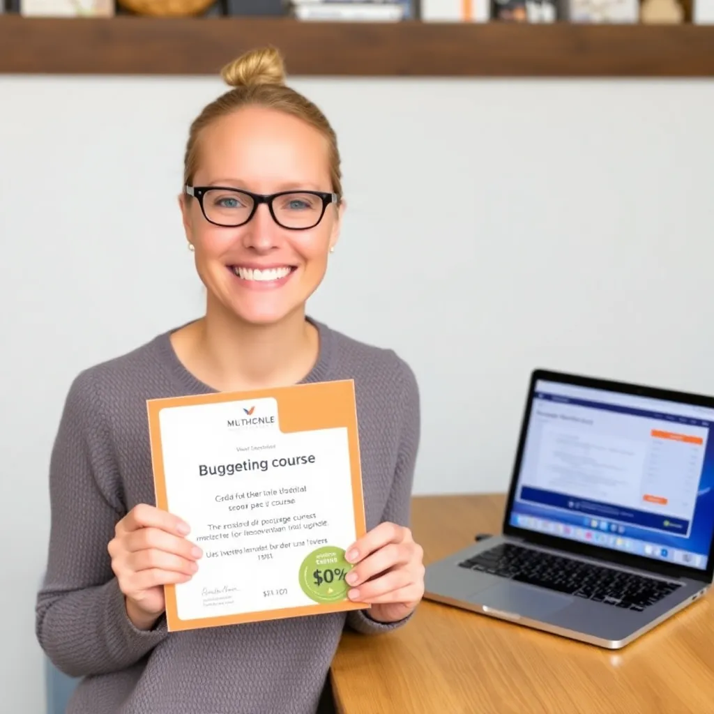 Een tevreden deelnemer die een certificaat van de budgetteringscursus vasthoudt